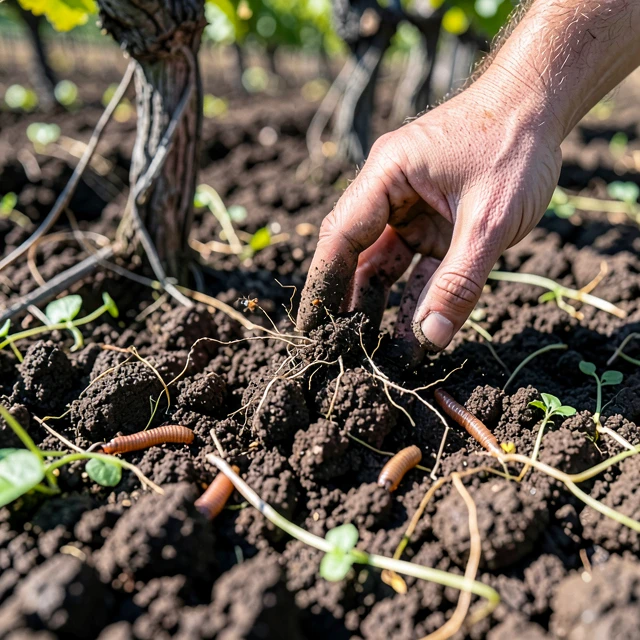 Close-up of vibrant regenerative vineyard soil teeming with life