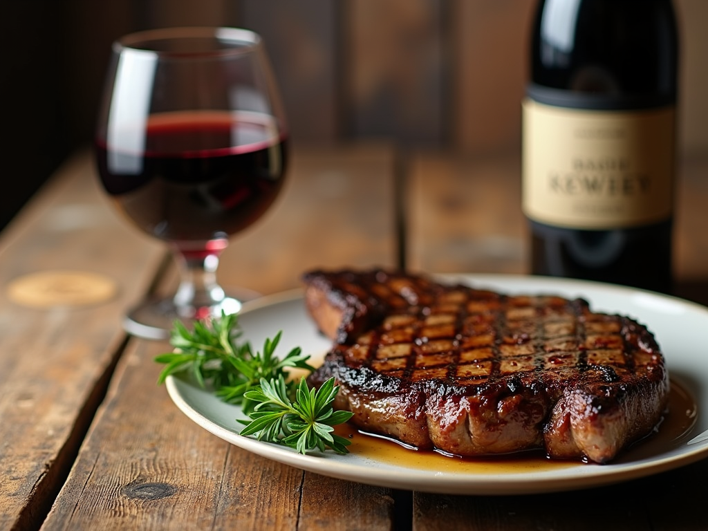 Red wine and steak on rustic table