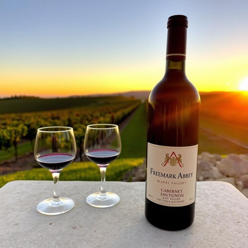 Freemark Abbey Cabernet Sauvignon bottle and glasses in a Napa Valley vineyard at sunset.
