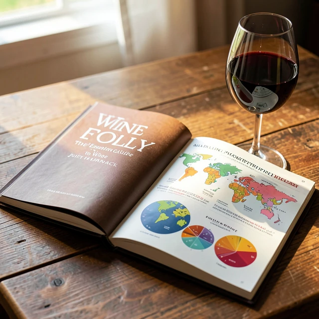 Open copy of Wine Folly: The Essential Guide to Wine book displaying infographics beside a glass of red wine