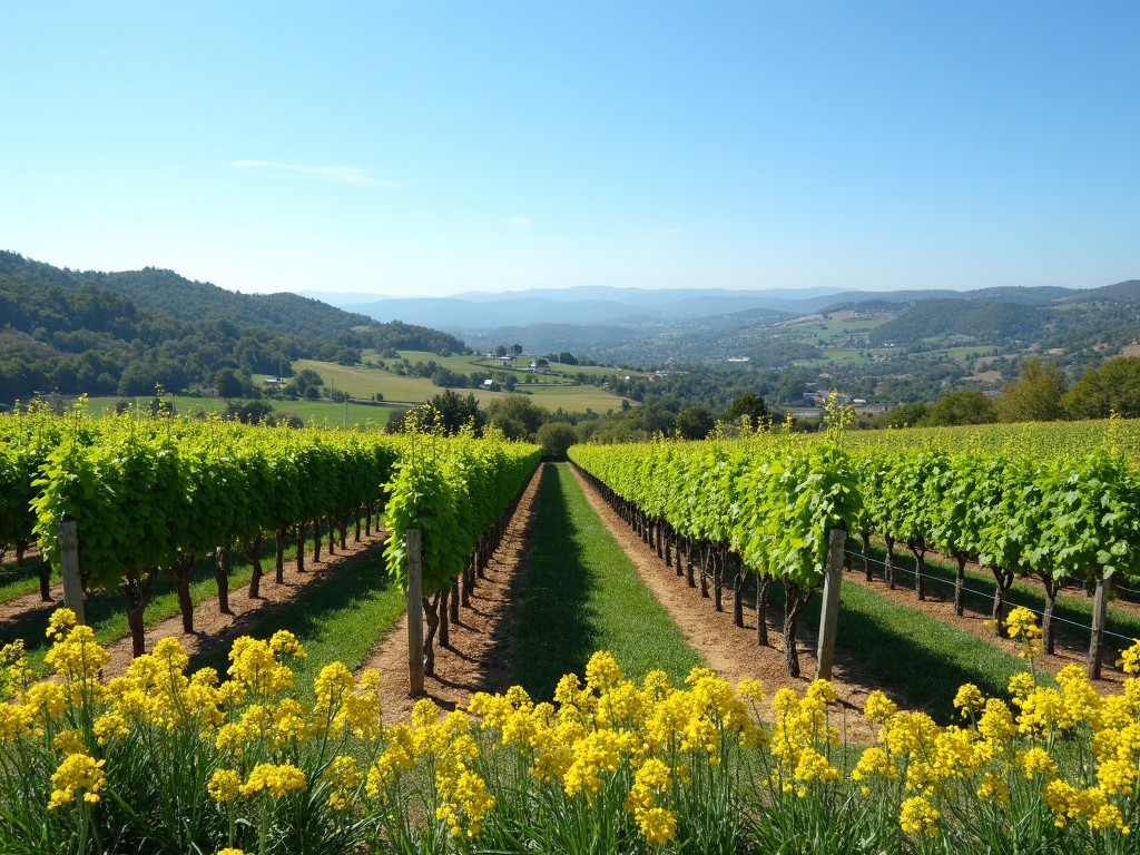 Vineyards in spring with fresh green leaves and mustard flowers.