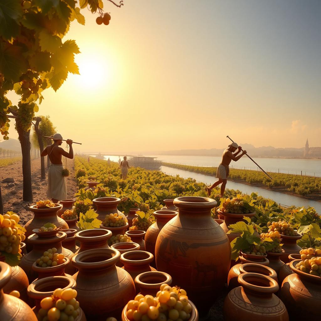 Ancient Egyptian workers harvesting grapes and filling clay amphorae in a sunlit vineyard by the Nile River.