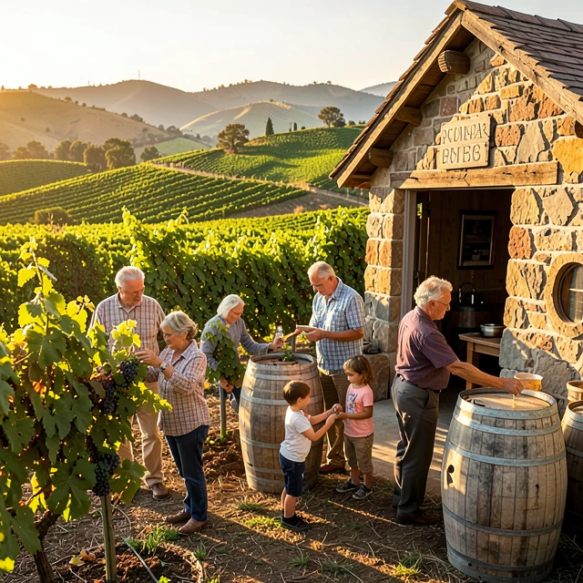 Multi-generational family working at a family-owned winery vineyard in California