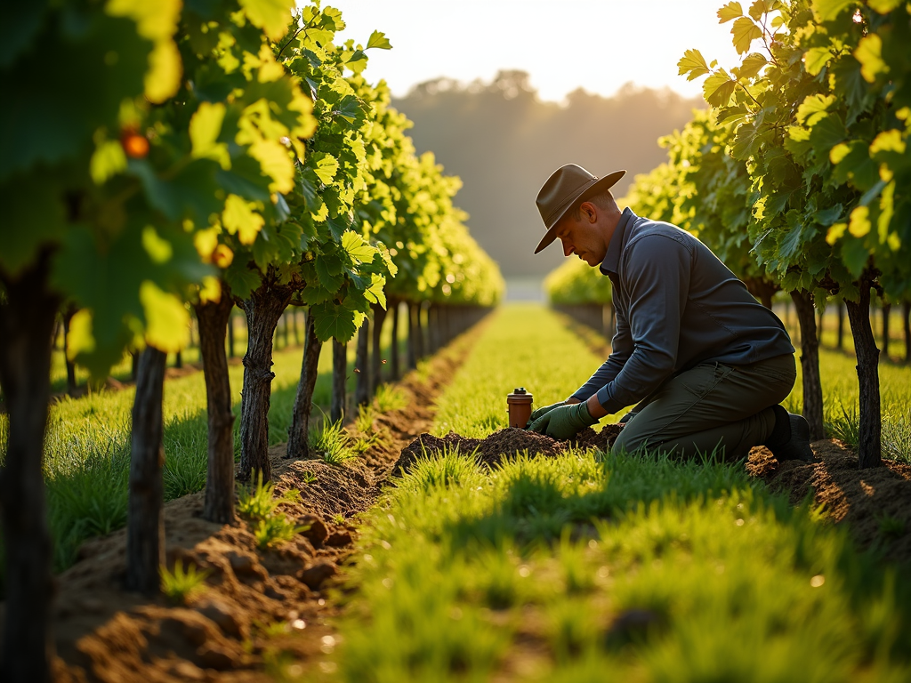 A farmer tending to cover crops in a vineyard, showcasing sustainable practices to improve soil health.