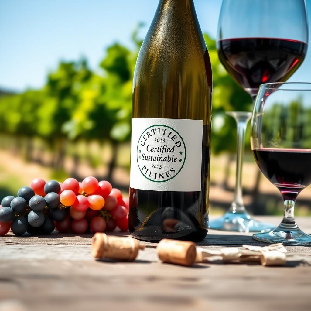 A sustainable wine bottle with a certification label on a wooden table, surrounded by grapes and a vineyard view.