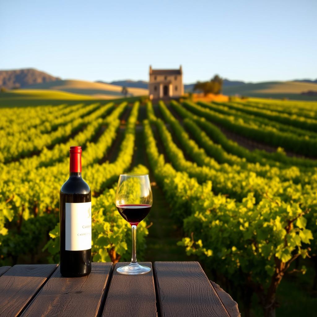 Napa Valley vineyard at sunset with a table holding a bottle of Cabernet Sauvignon and two wine glasses.