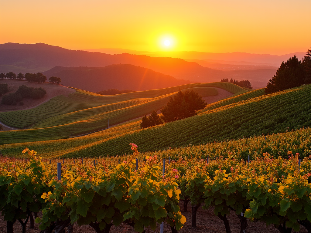 A picturesque vineyard in Napa Valley under the golden sunset.
