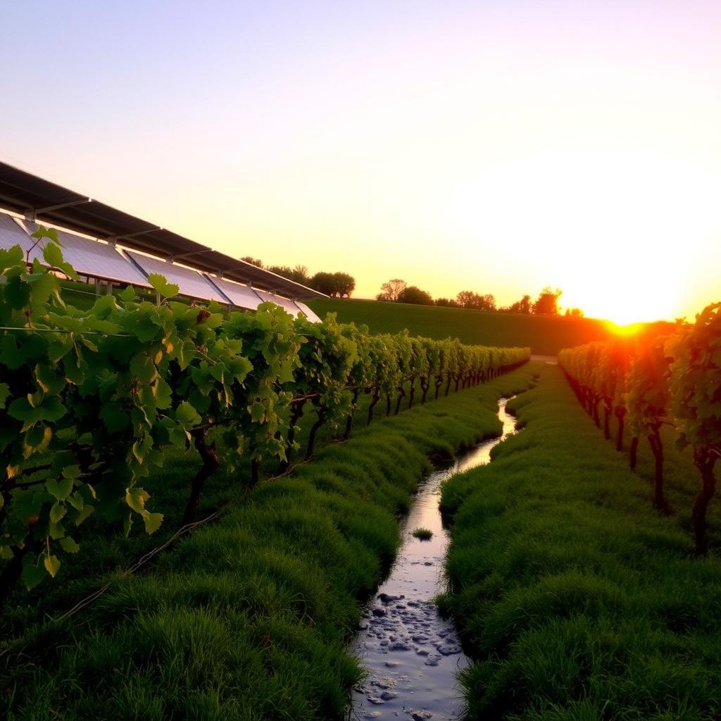 Sustainable vineyard with solar panels at sunset