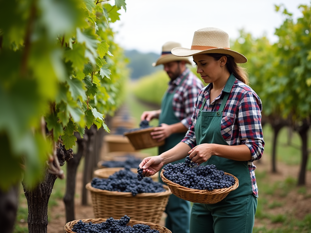 Hand harvesting grapes