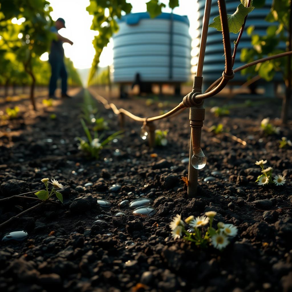 Close-up of drip irrigation in a vineyard with rainwater harvesting tank in the background