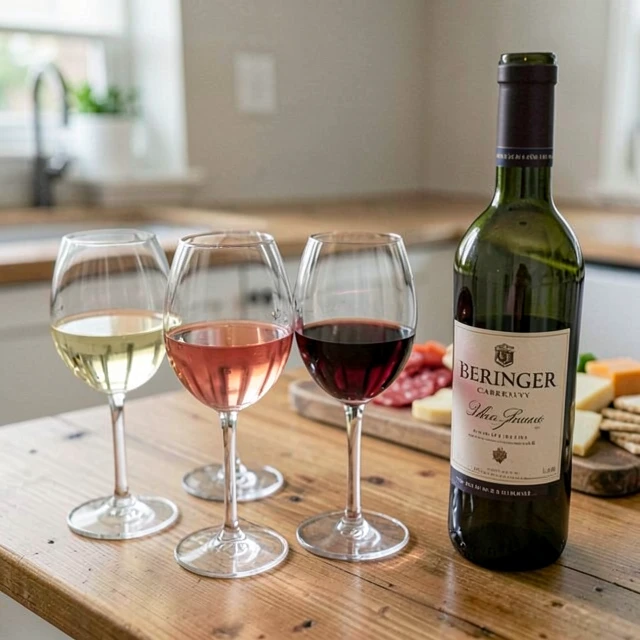 Cozy home wine tasting setup featuring Beringer wine and various glasses
