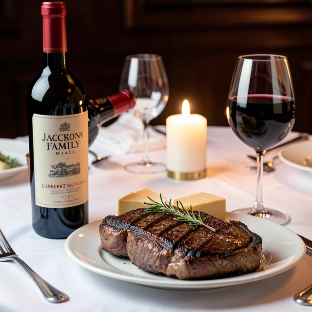 Jackson Family Wines bottle paired with grilled steak and cheese on a fine dining table