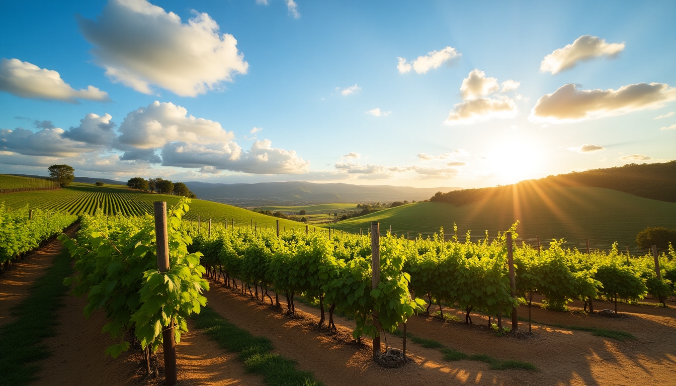 A lush vineyard stretching towards the horizon under a clear blue sky.