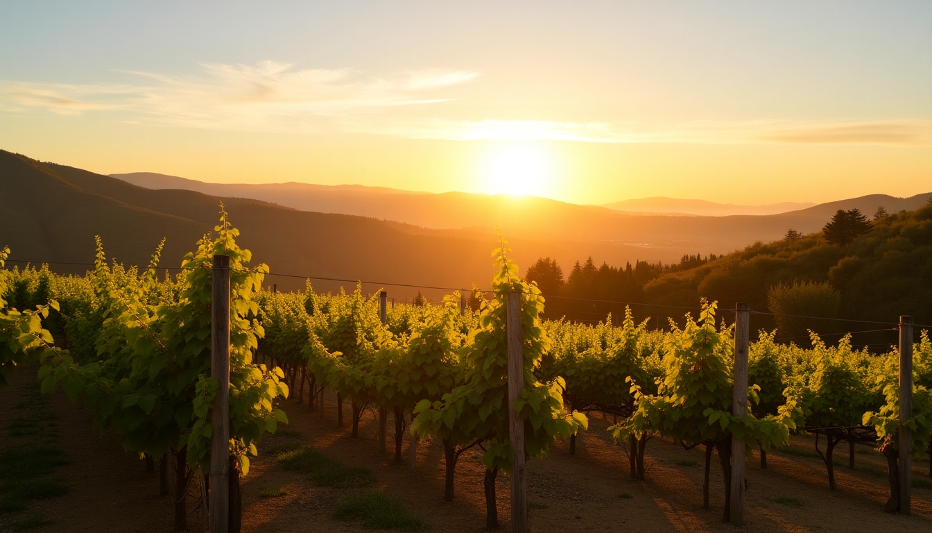 Vineyard at sunrise illustrating the beauty of wine country.