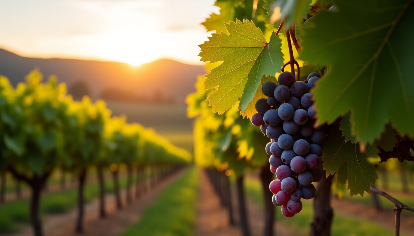 Vineyards at sunrise with grapevines full of Merlot grapes, highlighting the serene beauty of Napa Valley.