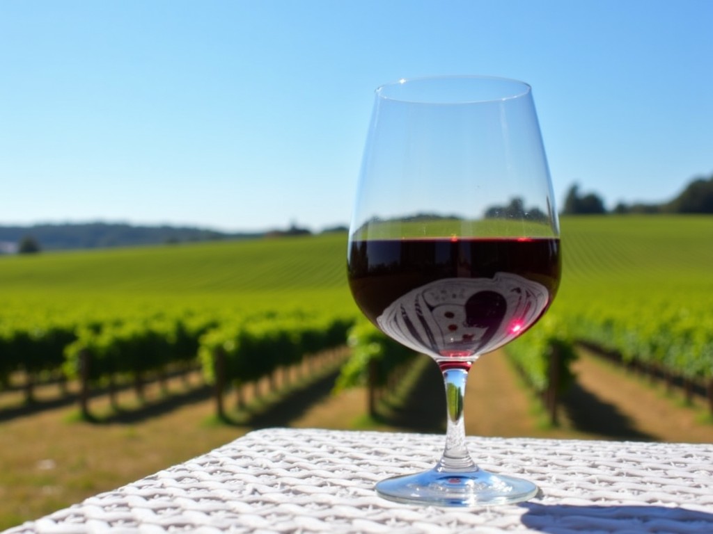 A glass of Pinot Noir with a scenic vineyard view in the blurry background.