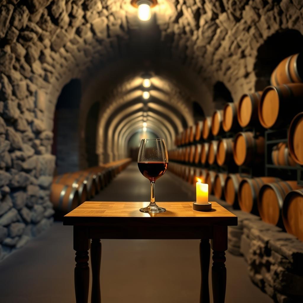 Beringer Vineyards’ historic wine-aging caves with oak barrels and a candlelit wine glass.