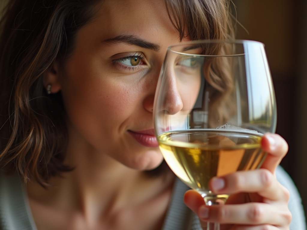 A wine enthusiast smelling a glass of white wine.
