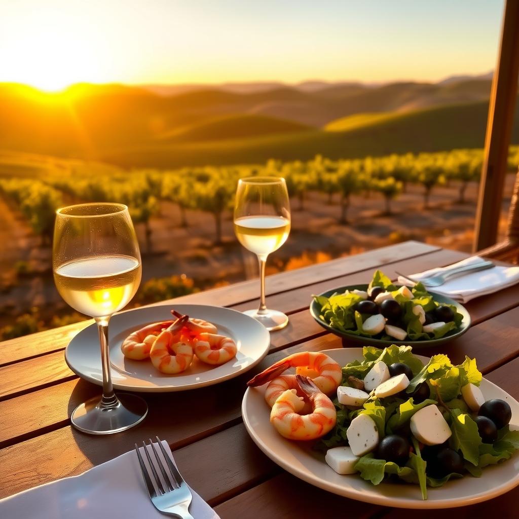 Outdoor dining table with Sauvignon Blanc, shrimp, and salad overlooking a vineyard at sunset.