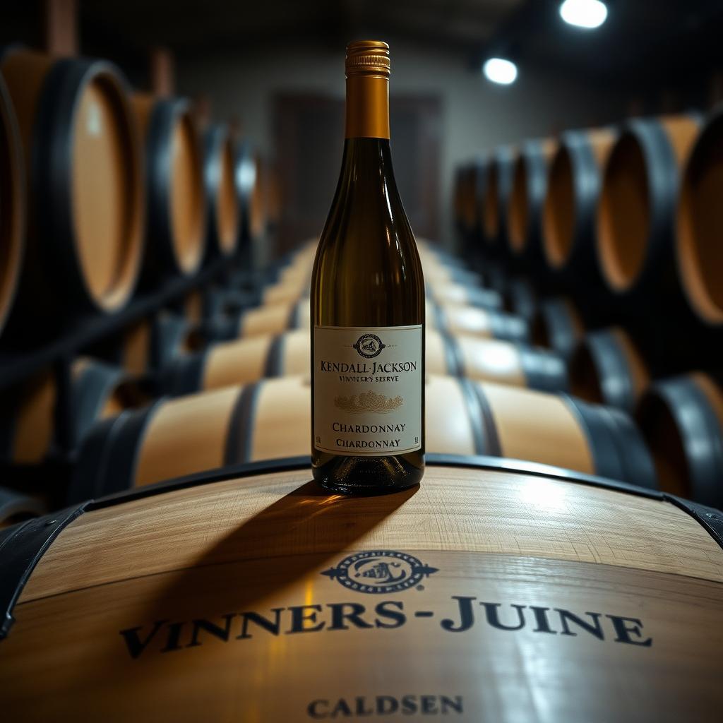 Kendall-Jackson Chardonnay bottle on an oak barrel in a winery cellar