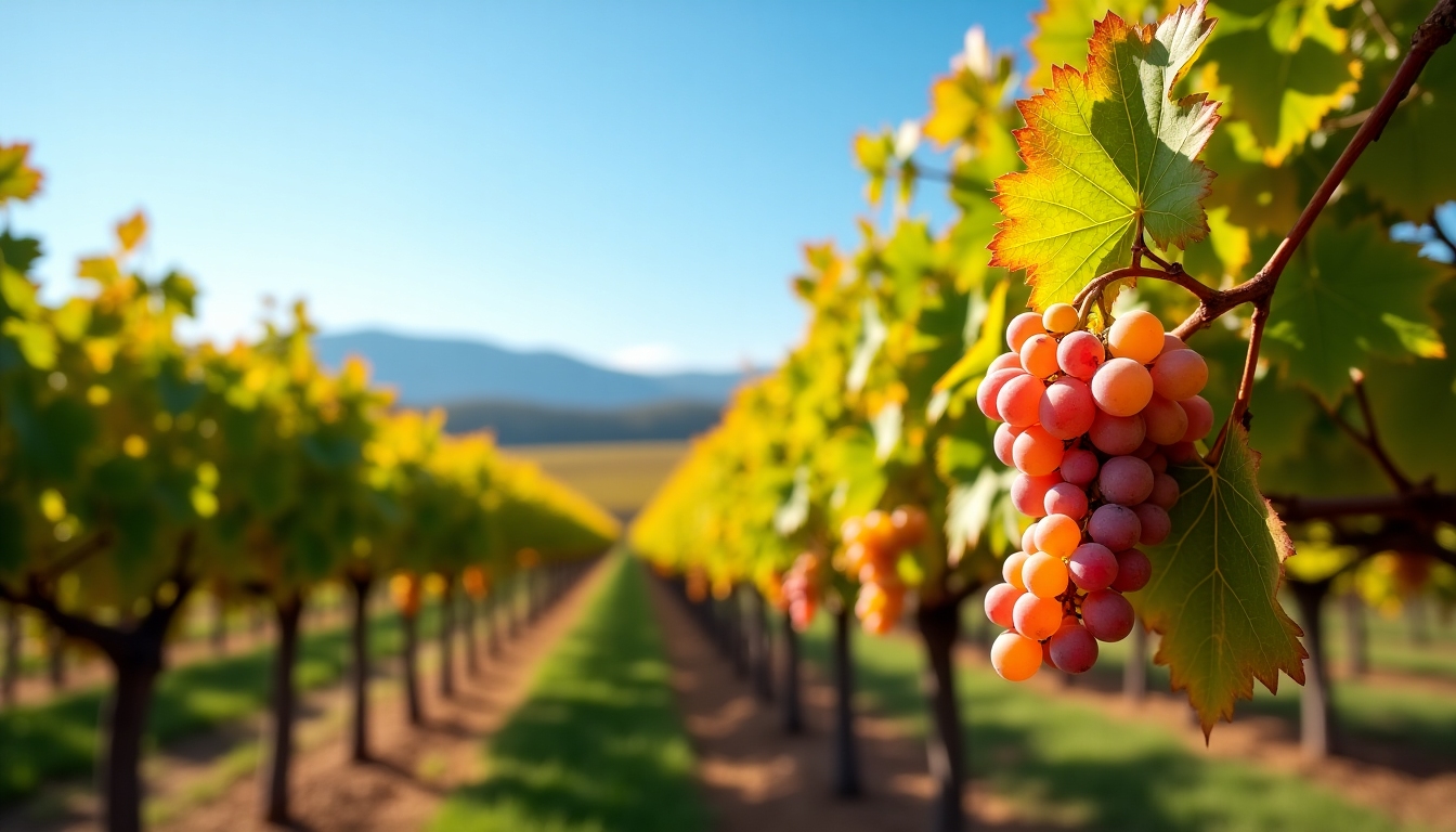 A vineyard during harvest season with lush grapevines and a clear sky.