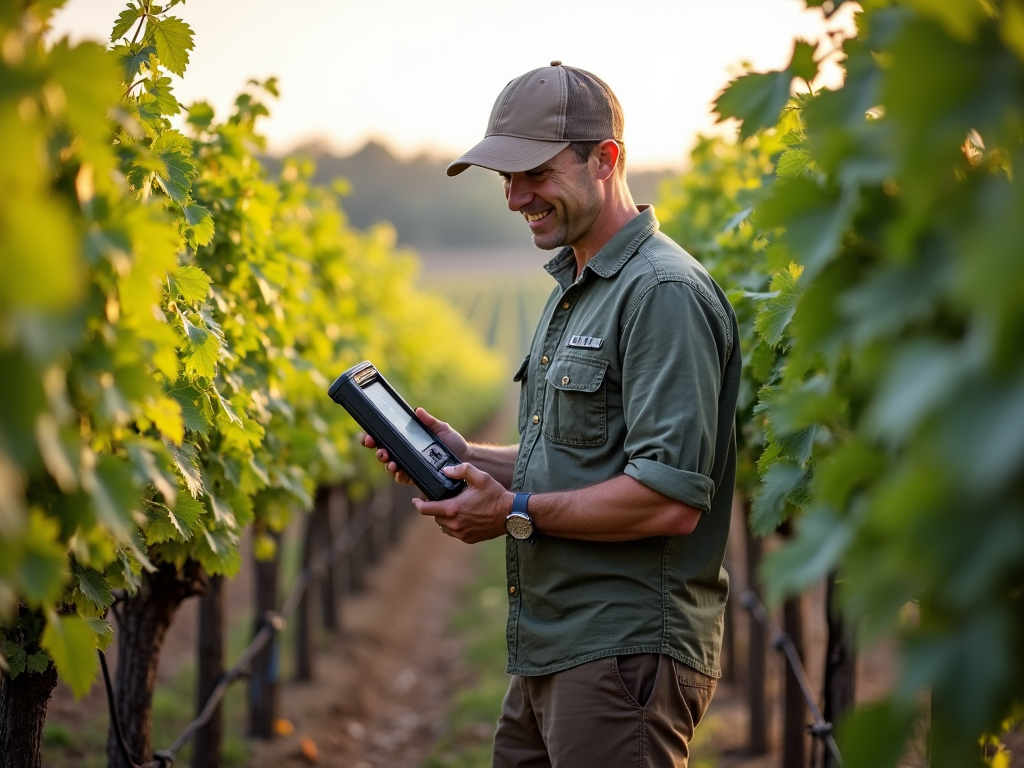 Viticulturist employing technology to monitor soil moisture and adapt to climate change.