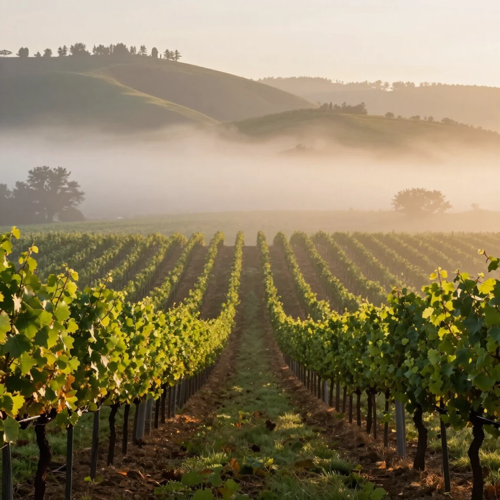 Misty Sonoma Coast vineyard at dawn with rows of grape vines