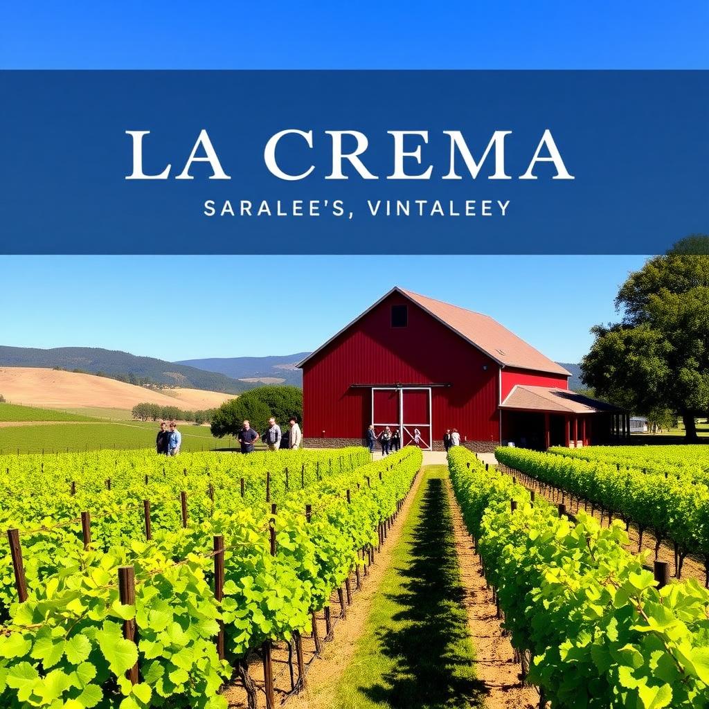 La Crema’s Estate at Saralee’s Vineyard with grapevines, a red barn, and visitors on a tour.