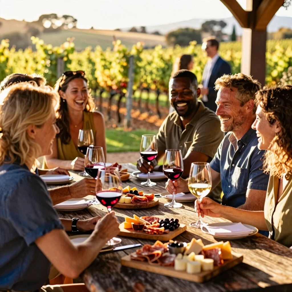 Friends sharing a wine tasting experience at the estate