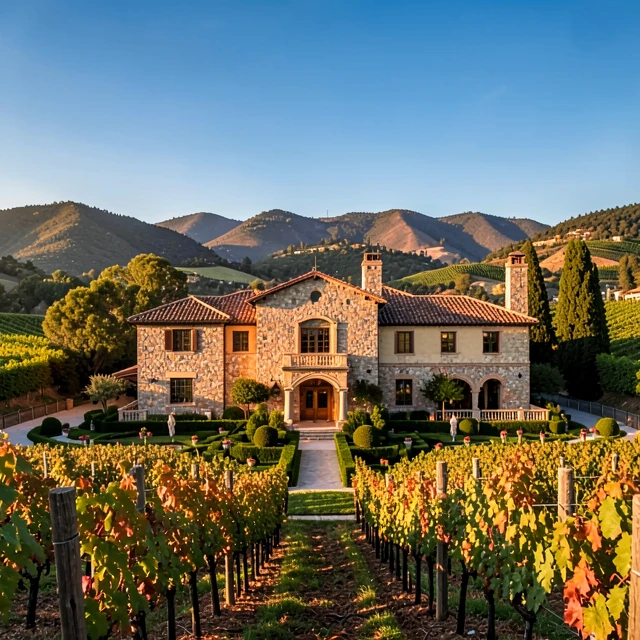 Beringer Vineyards historic estate at sunset