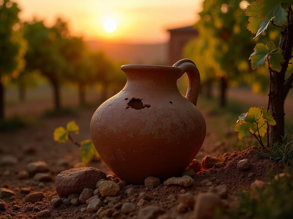 Ancient clay vessel with wine residue among wild grapevines at sunset.