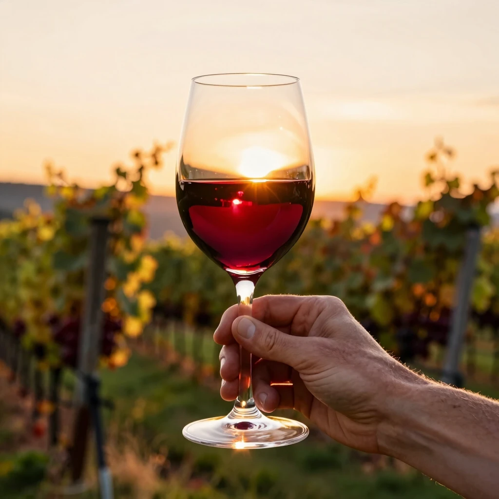 Hand holding a glass of red wine with vineyard sunset in the background