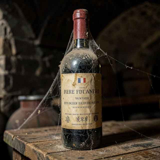 Dusty WWII-era French wine bottle in cellar