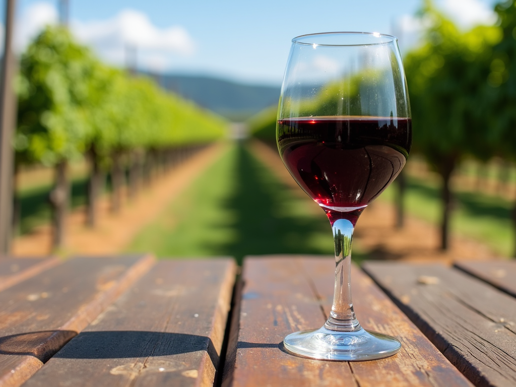 Glass of Beringer Merlot wine on a wooden table with vineyard backdrop
