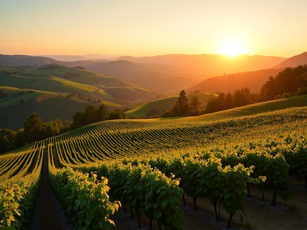 Scenic view of Napa Valley vineyards at sunset.