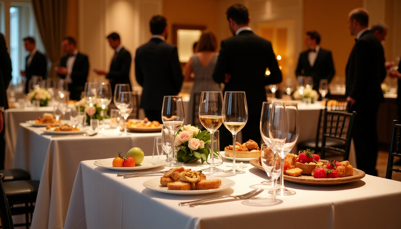 A table set with wine glasses and appetizers, ready for a tasting event.