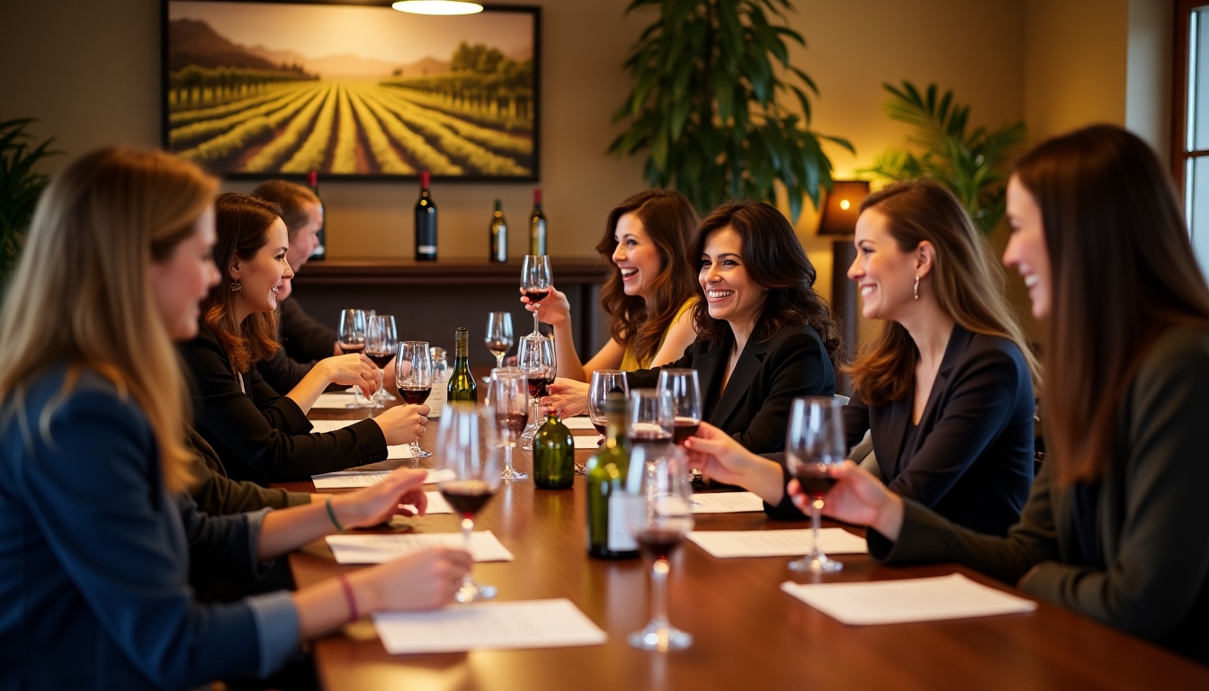 A group of diverse people enjoying a wine tasting session at a wine club event, enhancing their knowledge and appreciation of Jackson Family Wines.