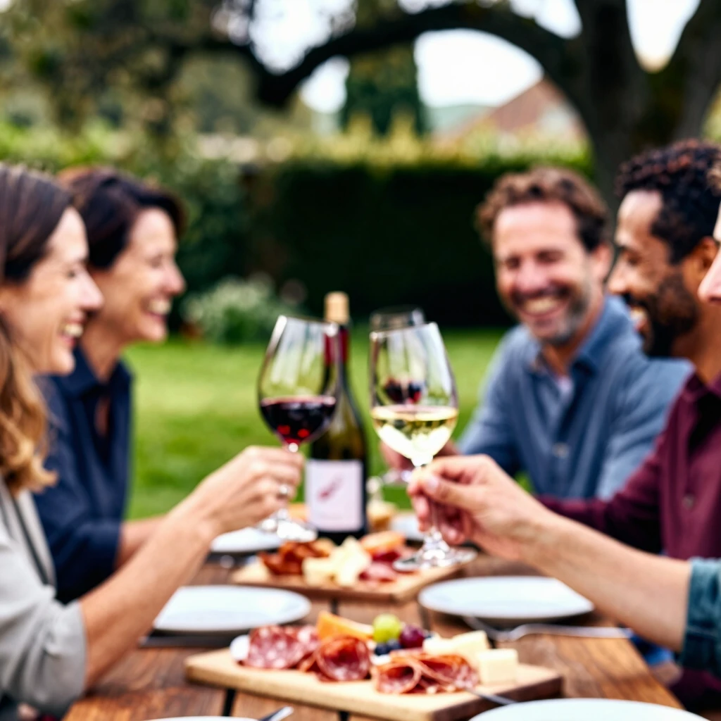 Friends enjoying a wine tasting event in a garden setting