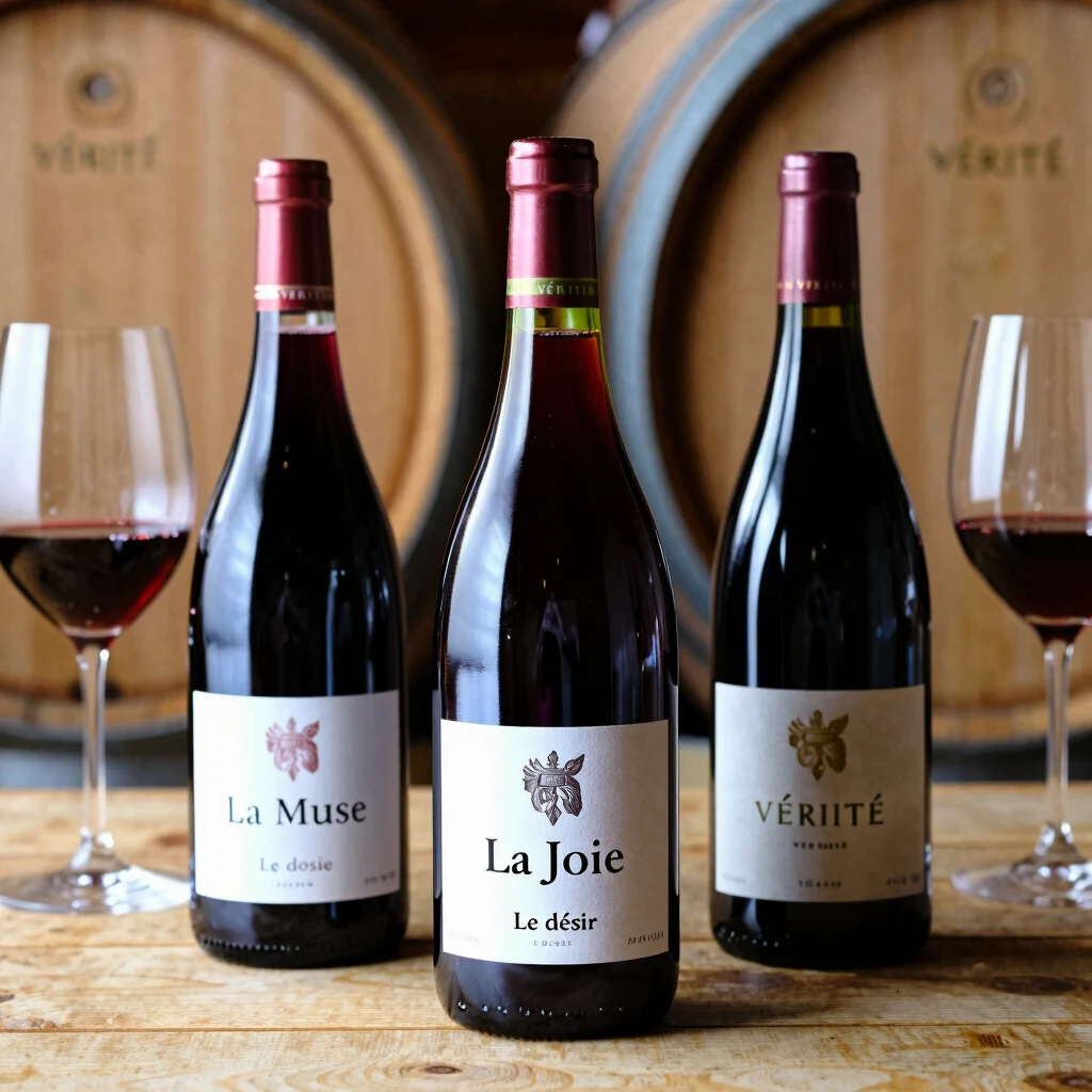 Bottles of Vérité La Muse, La Joie, and Le Désir on a tasting table