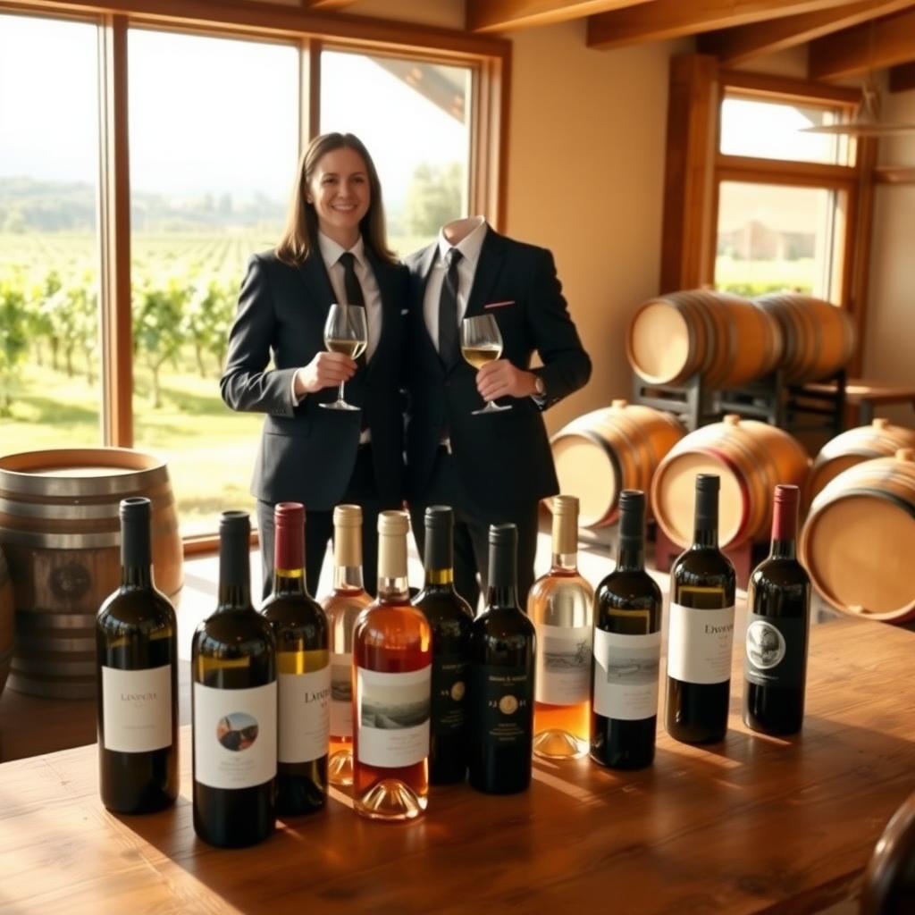 Couple in a vineyard tasting room holding wine glasses with bottles on a wooden table