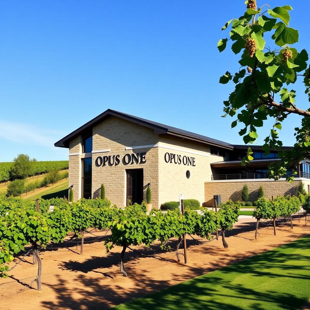 Opus One Winery’s elegant stone architecture framed by Napa Valley vineyards under a clear sky.