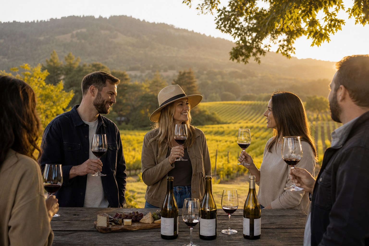 Group tasting wines at Beringer vineyard during golden hour