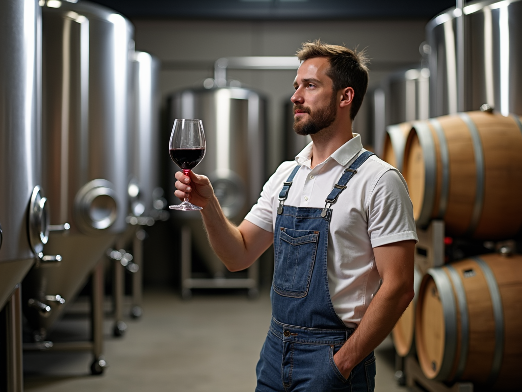 Winemaker inspecting wine in a modern winery with fermentation tanks.