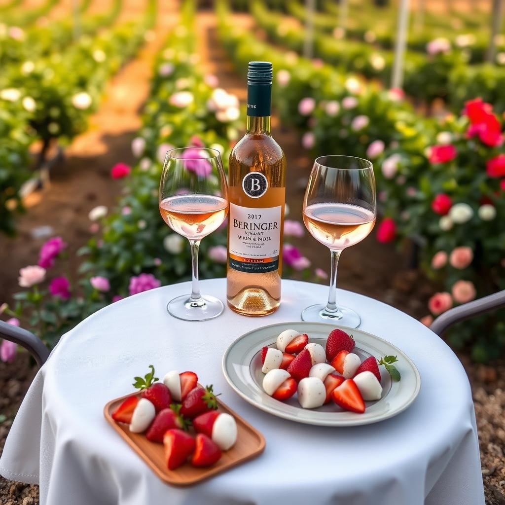 Outdoor Beringer tasting table with White Zinfandel, wine glasses, and strawberry-mozzarella skewers.