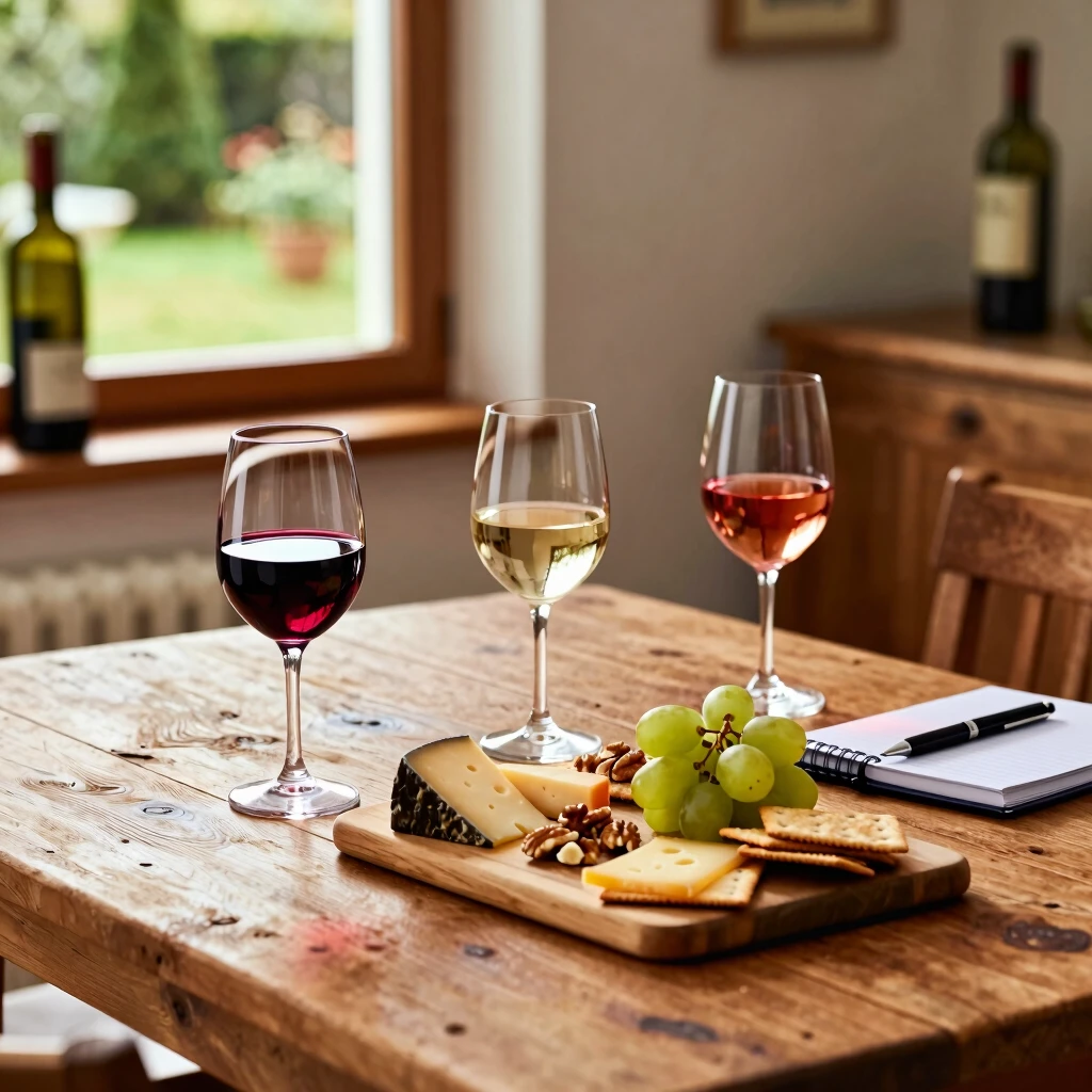 Cozy home setup for beginner wine tasting with glasses, snacks, and notebook