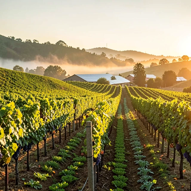 Sustainable vineyard in Sonoma with cover crops and solar panels showcasing eco-friendly wine production