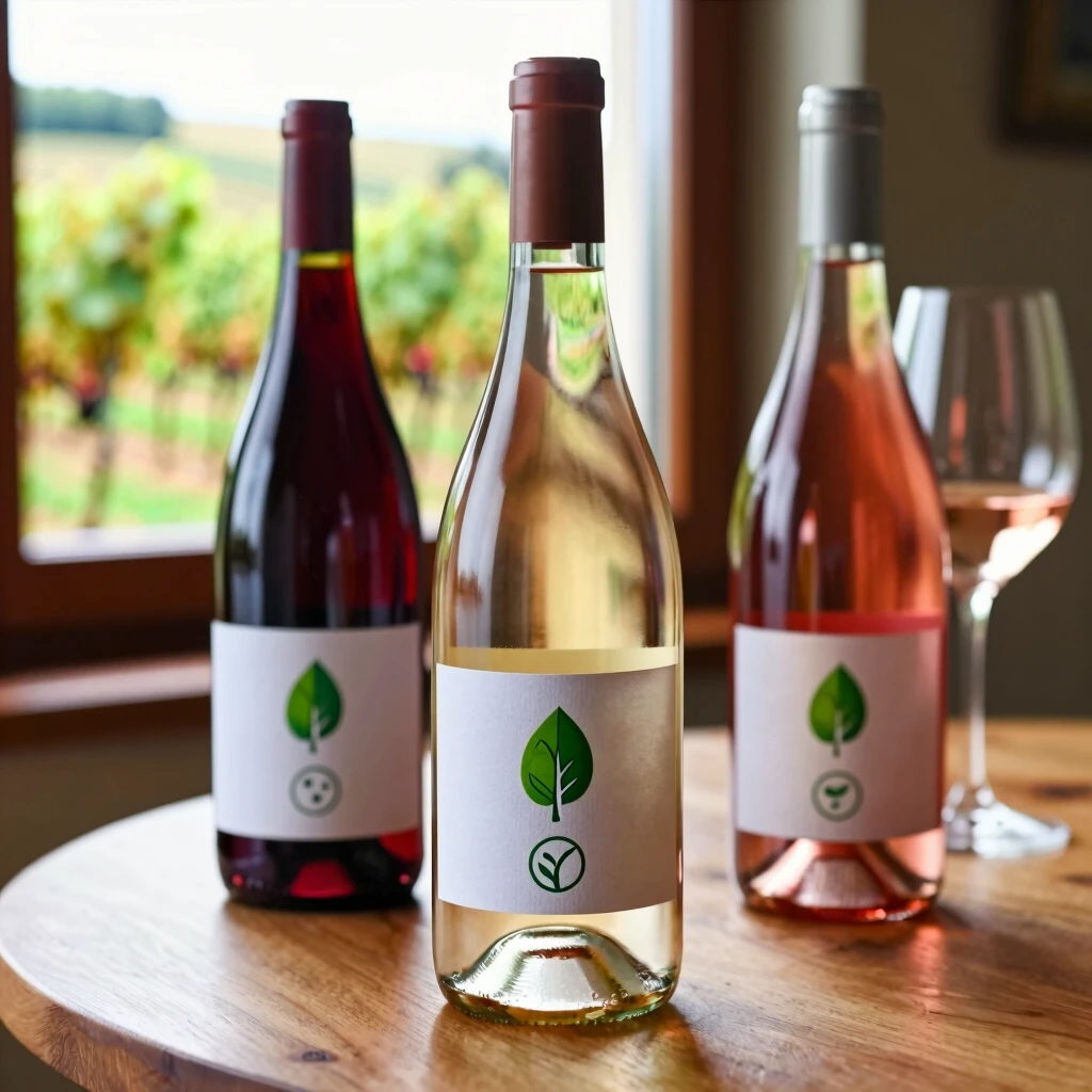 Wine bottles on a table highlighting eco-certification labels for sustainable choices.