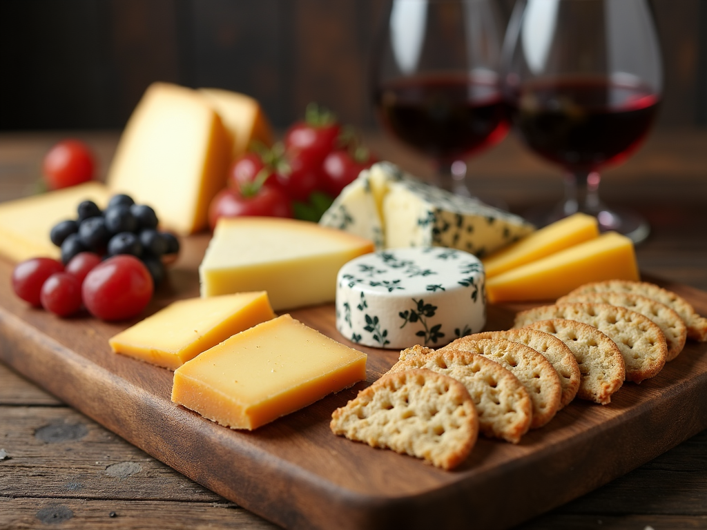 A cheese board paired with red wine.