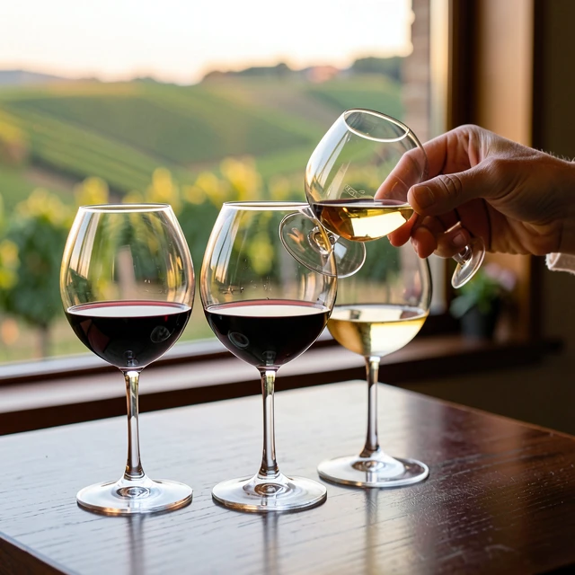 Wine tasting flight with red and white wines on a wooden table overlooking vineyards