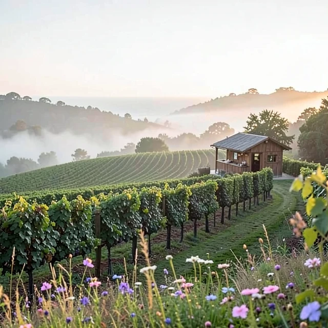 Morning fog over Sonoma County coastal vineyards